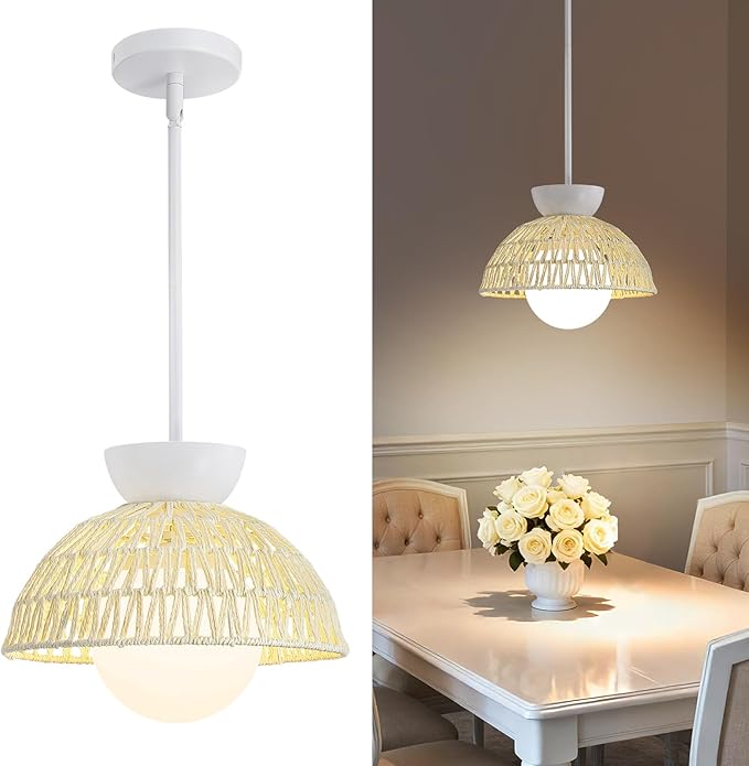 Pendant Light Kitchen Island - 11.8" Rattan Dining Room Light Fixtures over Table Hand-Woven Boho Pendant Light Fixtures with Milk Glass Globe, Adjustable Hanging Light for Bedroom Entryway Foyer