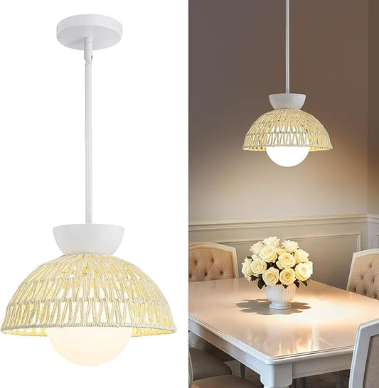 Pendant Light Kitchen Island - 11.8" Rattan Dining Room Light Fixtures over Table Hand-Woven Boho Pendant Light Fixtures with Milk Glass Globe, Adjustable Hanging Light for Bedroom Entryway Foyer