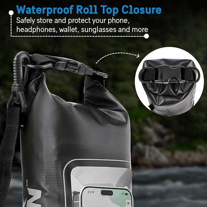 Pelican Marine IP68 Waterproof Dry Bag 2L - Roll Top Waterproof Backpack w/Phone Case/Pouch - Boating & Kayak Accessories - Essentials for Camping Swimming Beach Fishing Rafting Travel - Black