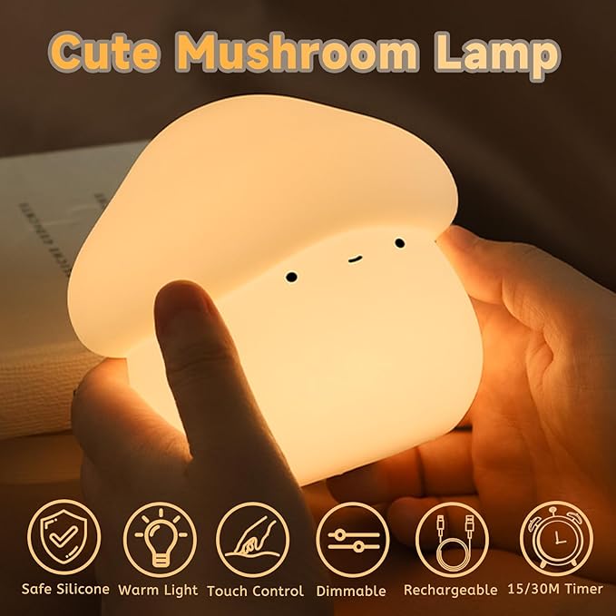 Mushroom Night Light for Kids, Cute Silicone Mushroom Lamp with Timer, 2 Levels Dimmable Squishy Night Light for Baby Nursery, Rechargeable Touch Night Light Mushroom Gifts for Boys and Girls (White)