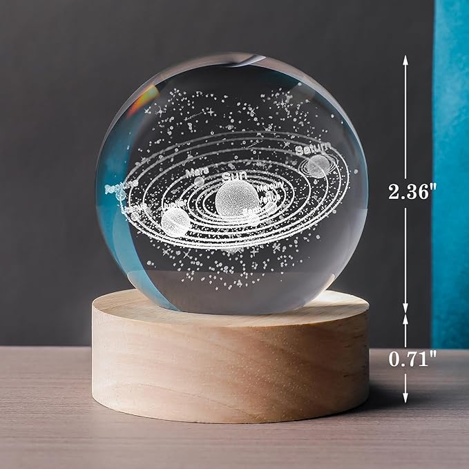 3D Solar System 60mm Crystal Ball Astronomy Universe Gifts 3D Solar System Planets Model Science Space Themed Physics Gifts Night Light lamp for Kids Men Him Science Teacher