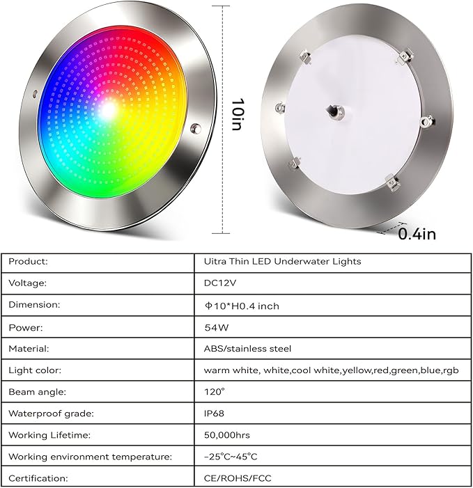 LED Pool Lights for Inground Pool with 3 Control Way (App/Remote/Manual Controller), 54W 10 Inch Color Changing Underwater Swimming Pool Light for 10" Large Wet Niches - 120FT