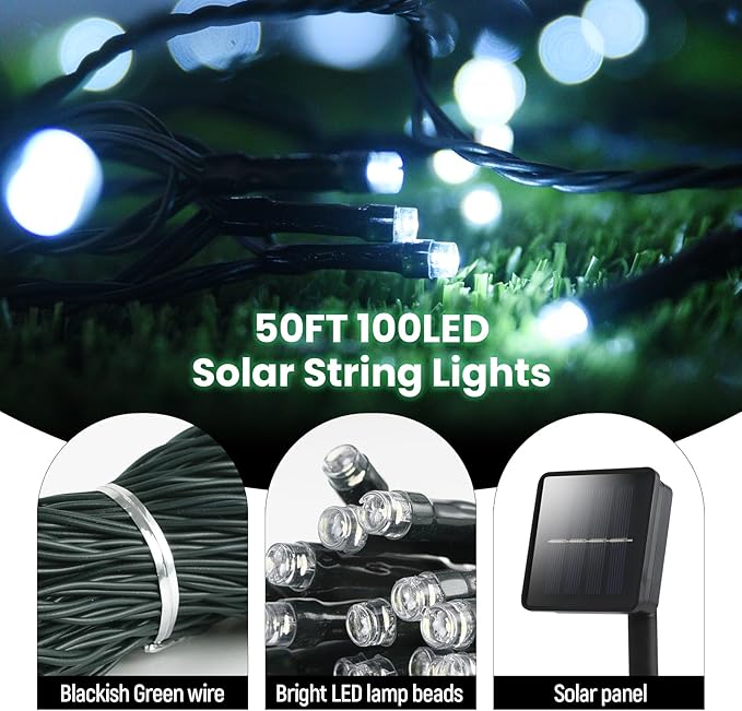 Dailyart Solar String Lights for Outside,50ft Solar Lights Outdoor Waterproof 100 Led Solar Fairy Lights 8 Lighting Mode Solar String Lights Idea for Garden,Courtyards,Trees(Cool White)