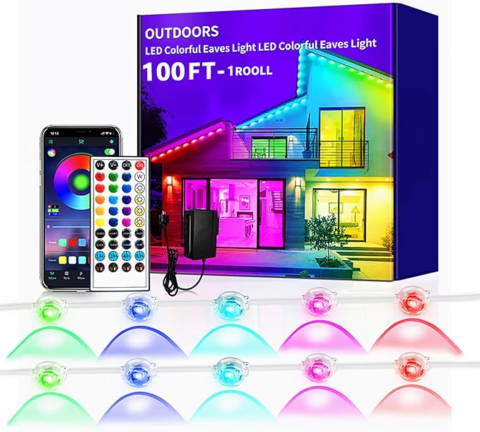 Permanent Outdoor Lights - 100FT Smart Outdoor Eaves Light with App/Remote Control,Music Synchronization, IP67 Waterproof, LED Eaves Lights for Patio/Eave/Party Decorations (100FT)