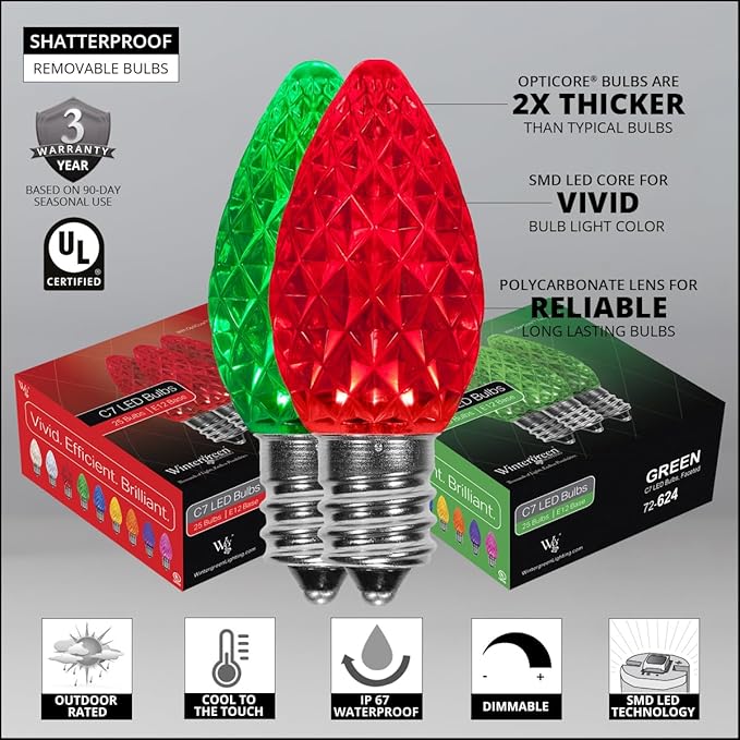 Wintergreen Lighting 50 C7 OptiCore Commercial Red and Green Christmas Lights - Durable Outdoor LED Bulbs for Holiday Displays, Heavy Duty Green Wire (50 ft)