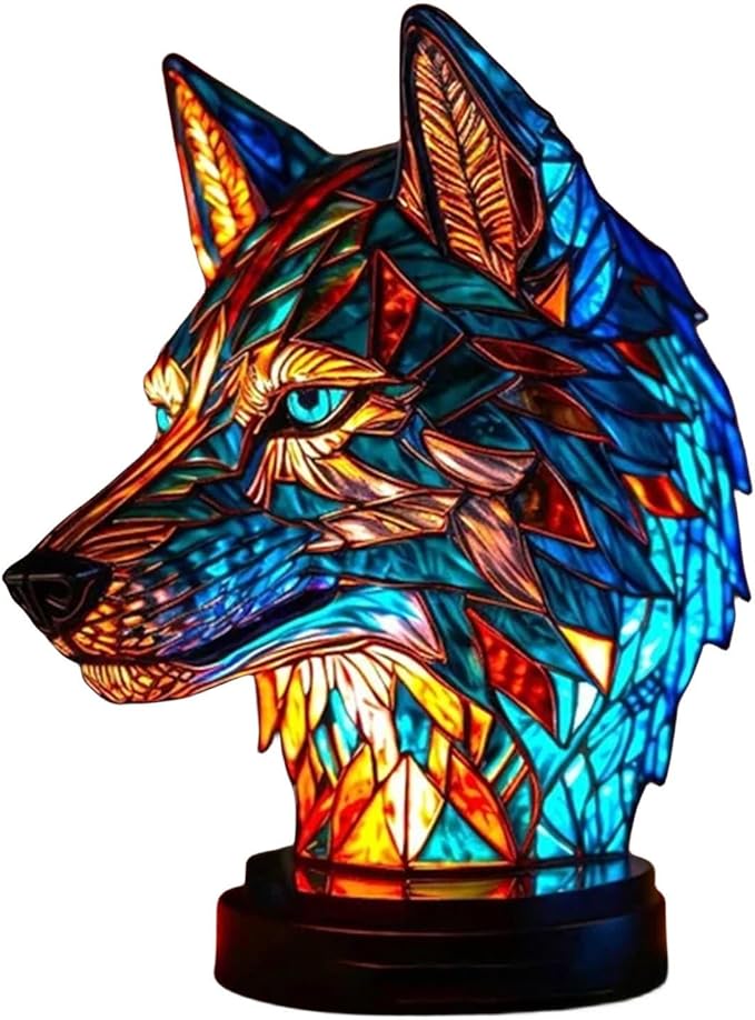 Mmoneyake Animal Table Lamp Series, Retro Stained Animal Table Lamp, Creative Stained Owl/Cat/Wolf/Turtle/Rooster/Horse Night Light for Home Decoration