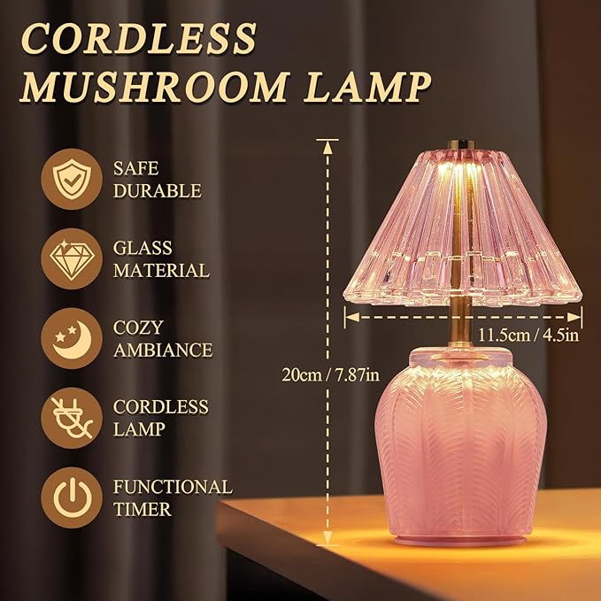 Small Battery Operated Lamp with Timer, Tiny Cordless Glass Table Lamp for Home Decor, Kitchen, Bathroom, Birthday Gift for Women, Cream Pink