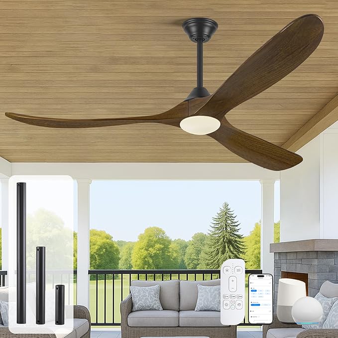 70 Inch Smart Ceiling Fan with Light, Large Farmhouse Ceiling Fans with Lights 3 Wood Blade Quiet Reversible DC Motor, Rustic Indoor Outdoor Ceiling Fans for Patios Porch, Remote/APP/Voice Control
