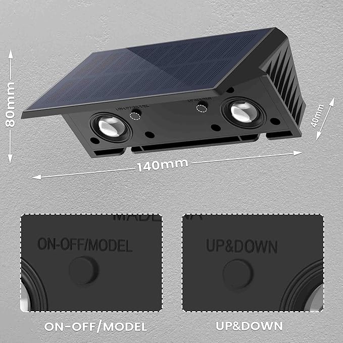 Fence Lights Solar Powered, 4-Pack Solar Fence Lights Up/Down Flexible Buttons, IP67 Waterproof for Outdoor, 100LM Bright, Auto Dusk to Dawn for Wall/Stairs/Yard/Railing/Deck/Pathway (Warm White)