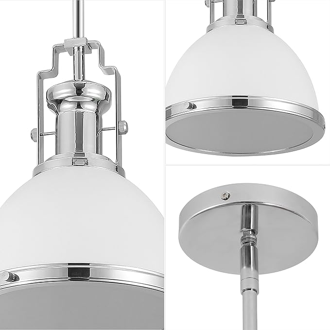 JONATHAN Y 10" Chrome/White Modern Industrial Iron LED Dome Pendant Light, Adjustable Hanging Fixture for Kitchen Island or Entryway, Black Metal Shade, LED Bulb Included (JYL9535C)