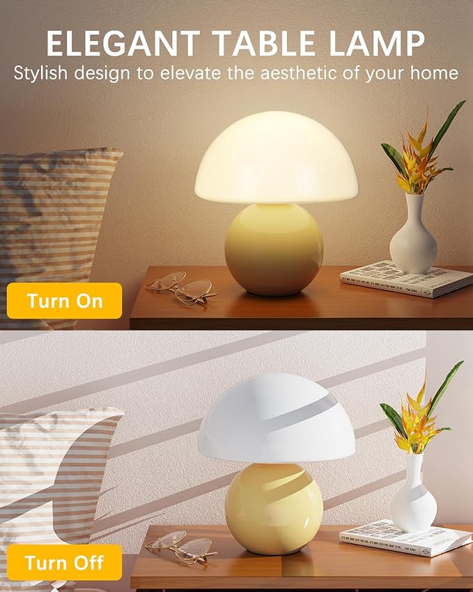 Mushroom Table Lamp with 3 Color Temperatures, 8.7" Mid Century Modern Glass Lamp for Bedroom Nightstand, Living Room, Aesthetic Dorm Desk Decor