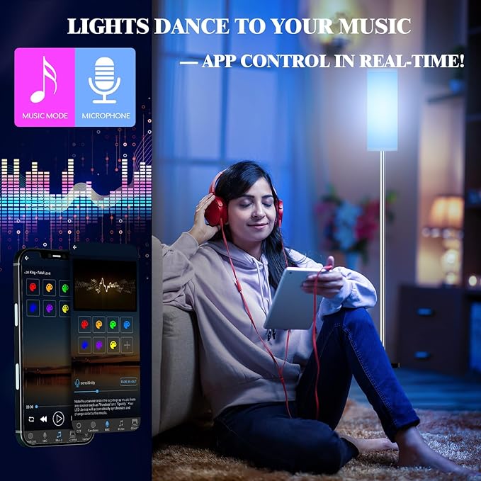 Smart LED Floor Lamp with APP Control & RGB Colors - Dimmable Standing Lamp for Living Room, Bedroom, Gaming - Remote, Timer, 9W Bulb Included, 67" Modern Tall Lamp (Silver Beige)