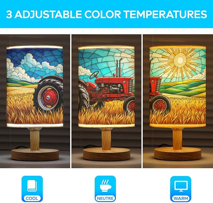 Tractor Table Lamp LED 3-Color Pressed Bedside, Tractor Shade Lamp with Wood Base for Bedroom Living Room Desk Office TL01