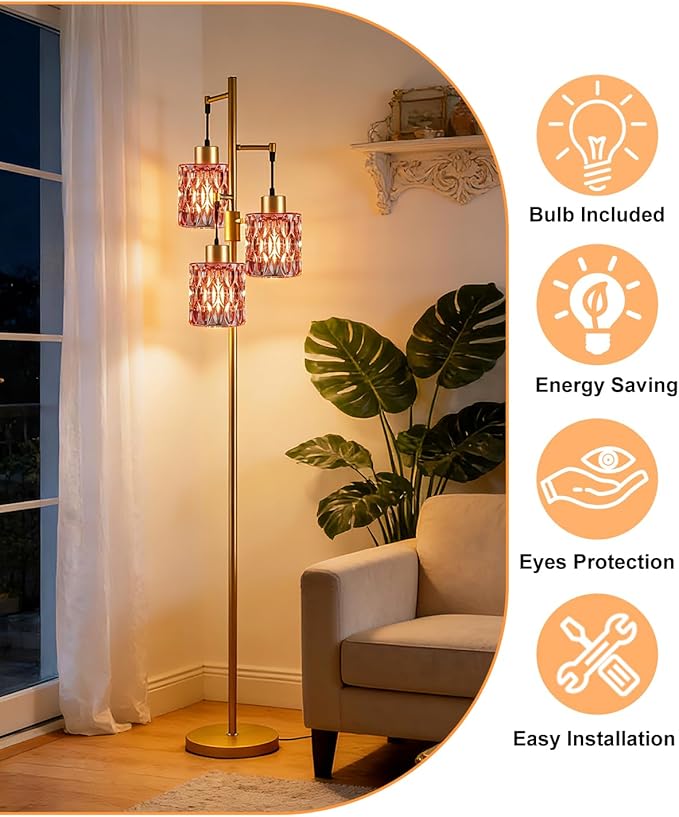 Lightdot 67" 3-Light Glass Floor Lamps for Living Room, Dimmable Floor Lamp with Rose Red Glass Shade& E12 Bulbs Included, Mid Century Standing Tall Lamp for Bedroom/Sofa Beside/Corner Decor-Gold
