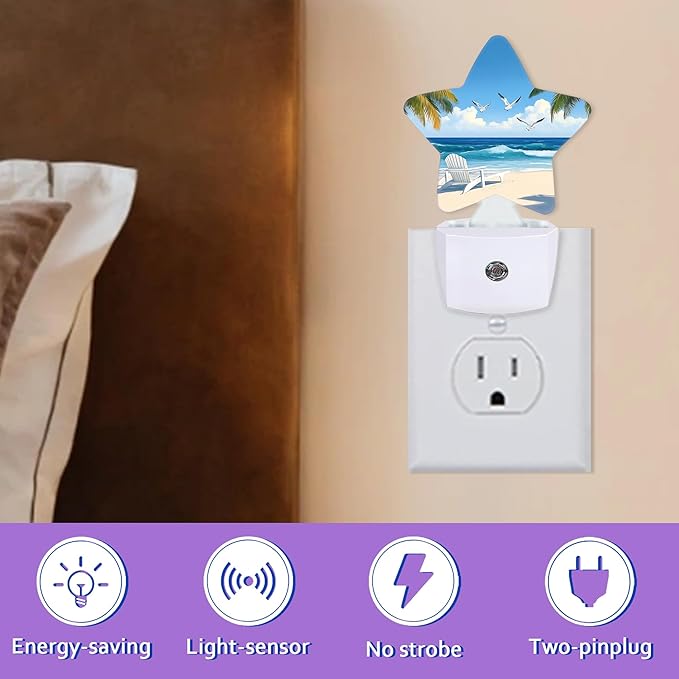 Energy Efficient Nightlights Plug In Wall, Summer Beach Night Light for Kids Bedroom Decorative, Tropical Palm Tree Seagull Dusk-To-Dawn Sensor Sleep Friendly Lamp for Nursery Bathroom Basement