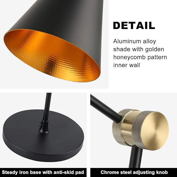 Modern Industrial Floor Lamp For Bedroom, 64'' Adjustable Gold Inner Shade Tall Floor Lamp For Office, Living Room, Skinny Corner Accent Reading Standing Lamp, Retro Farmhouse Mid-Century, Black