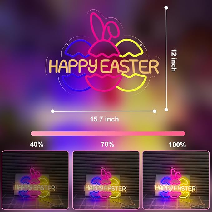 Happy Easter Neon Signs for Wall Decor, Easter Bunny Ears and Eggs Decorations Gifts, USB Dimmable LED Neon Lights Sign Party Decor for Bedroom Window Door Yard Bar Classroom Church