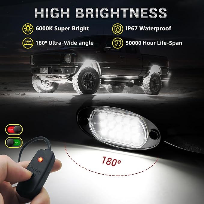 12 Pods Pure White LED Rock Lights with Extension Wires, 6500K Super Bright White Underglow Kit for Truck Trailer Offroad Pickup SXS UTV, IP67 Waterproof Under Trailer Lighting