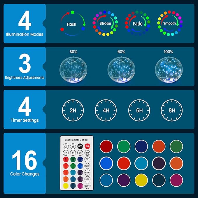 14" Solar Floating RGB LED Pool Lights (2 Pack), Remote Control, Waterproof, Timer, Outdoor Pool Accessories