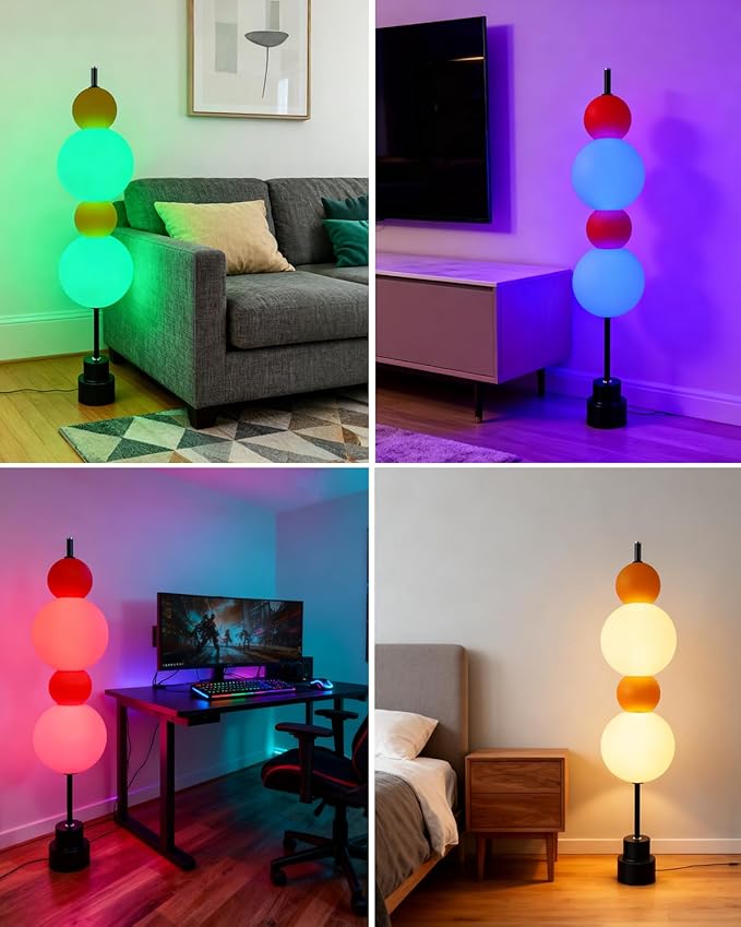 Yellow Globe Floor Lamp - Metal, RGB & 3000K Dimmable LED, Touch Switch, Modern Tall Standing Lamp for Bedroom, Living Room, Home Office