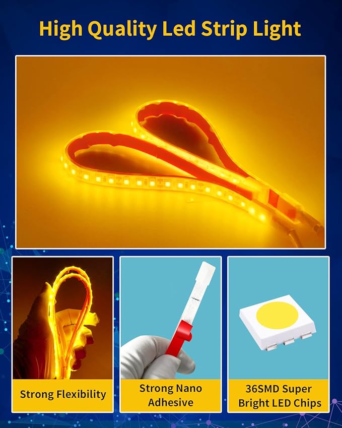 Amber Led Strip Light,12V Car Led Lights Interior IP68 Waterproof Cuttable for Car Motorcycles Boat Golf Cart Truck Cargo Home Decoration with Strong Nano Tape 12inch(Pack of 4)