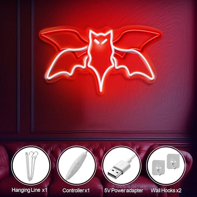 Flying Bat Neon Sign – Halloween LED Wall Light for Gothic Room, Witchcraft Decor, Horror Party, Bedroom & Bar Wall Art, 15" x 7.7"