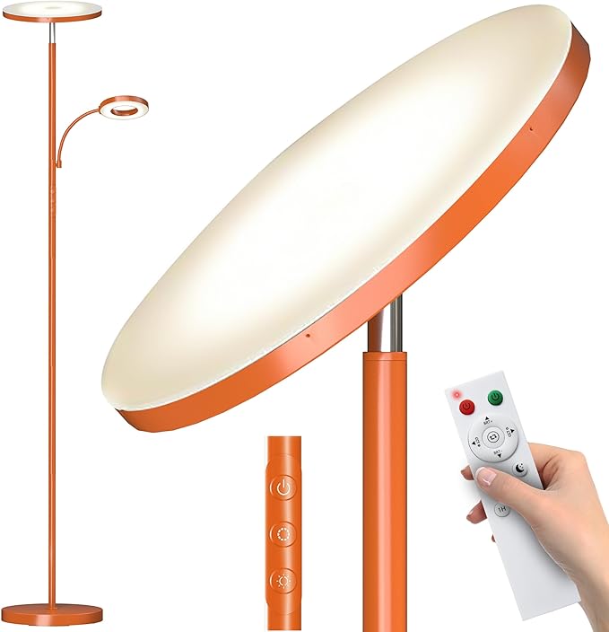 Orange Floor Lamp, 42W 4000LM Super Bright LED Lamp with Reading Light for Living Room Bedroom Office, Touch Control, Dimmable Standing Lamp with Remote