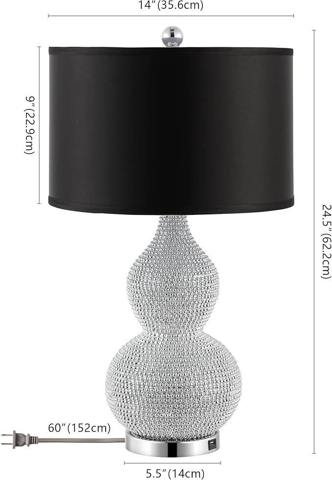 SAFAVIEH Lighting Collection Nicole Silver/Black Shade Beaded 25-inch Table Lamp Set of 2 with USB Charging Port (LED Bulbs Included)
