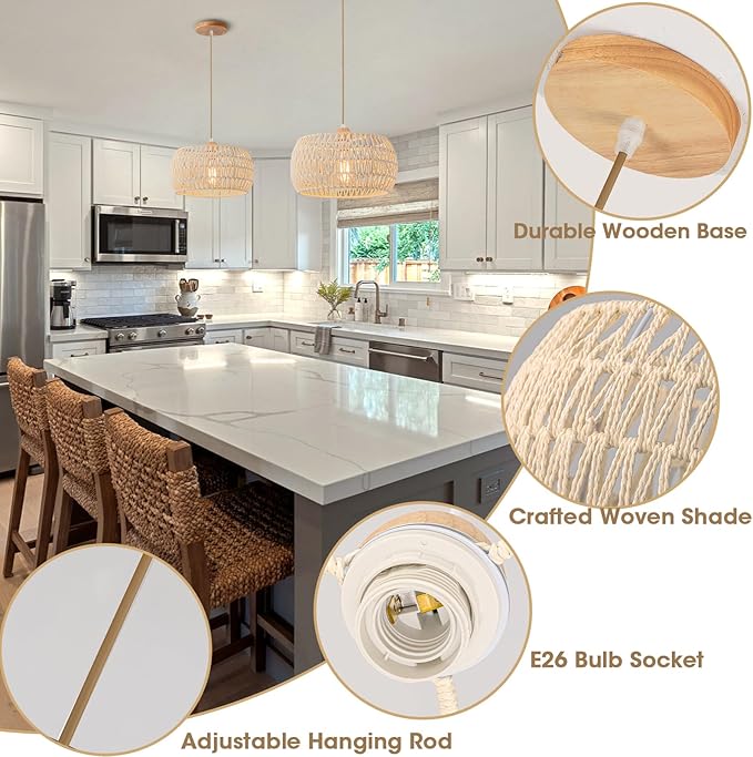 Rattan Pendant Light Fixture,Basket Chandelier Hanging Lights,Cream White Boho Drum Lighting Flush Mount Ceiling Lights Woven Wicker Chandeliers for Kitchen Dinning Room Hallway Bedroom