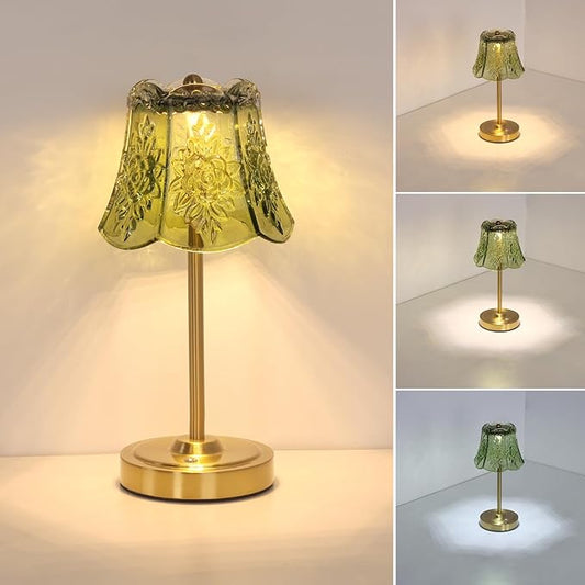 Cordless Touch Table Lamp with 5200mAh Battery - 3 Adjustable Color Temperatures & Dimmable, Rechargeable Desk Lamp for Bedroom, Living Room, Office, Entryway, Bookshelves (Green Rose)