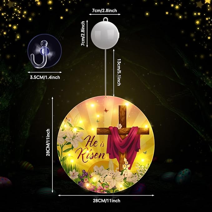 Geelin 11 Inch Easter Window Light He is Risen Decorations Spring Christian Jesus Cross Religious Sign LED Happy Easter Party Supplies for Indoor and Outdoor Farmhouse Wall Decor (Cross)