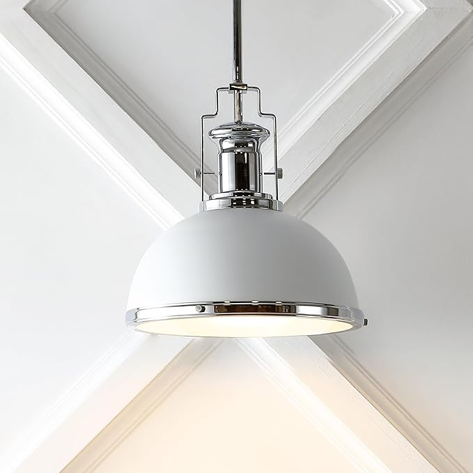 JONATHAN Y 13" Chrome/White Modern Industrial Iron LED Dome Pendant Light, Adjustable Hanging Fixture for Kitchen Island or Entryway, Black Metal Shade, LED Bulb Included (JYL9536C)