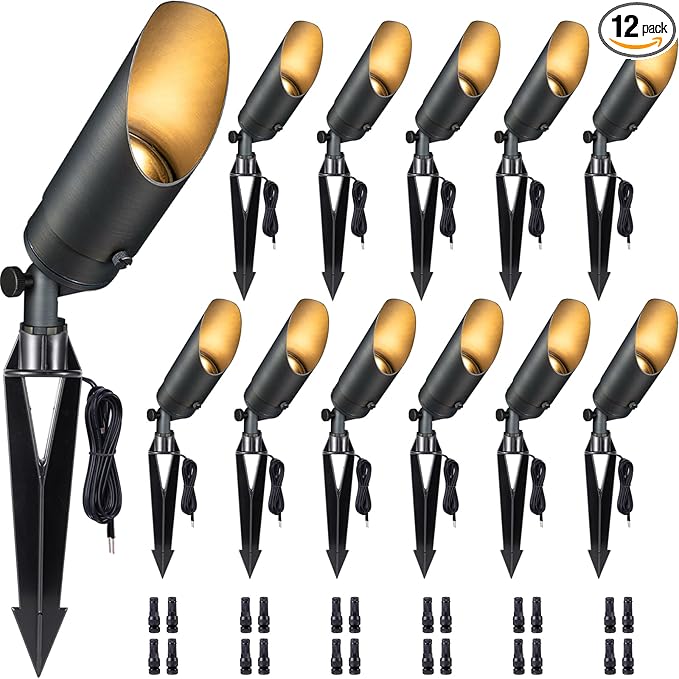 Gardenreet Die-Cast Brass Spot Light Outdoor - 12V Uplighting Waterproof, LED Low Voltage Landscape Lights, Metal Bronze for Fence Fountain Without MR16 Bulbs (12 Pack)