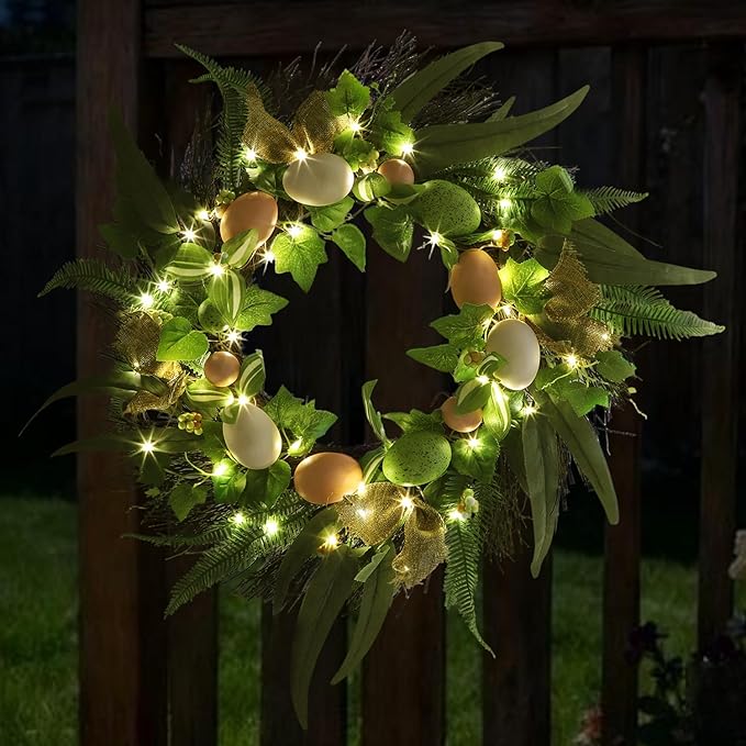 20 Inchs Easter Wreath for Front Door, Decor with Easter Eggs, Fabric Strips, Come with Hanger/Hook, 50LED Lights, Timer, for Outdoor Indoor Wall Window, for Spring Summer Hoilday, Gift