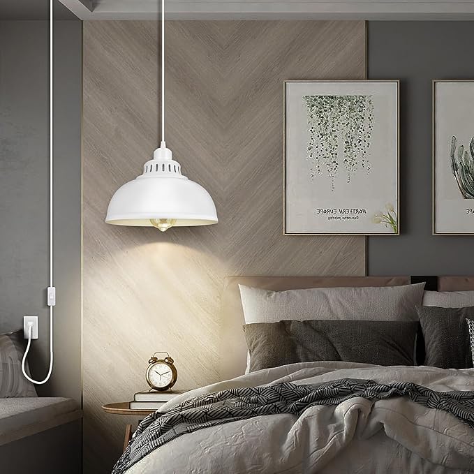 Plug in Pendant Light, 15FT Hanging Lights with Plug in Cord, On/Off Switch, Industrial Pendant Light with Plug in Cord, Metal Hanging Lamps for Living Room, Kitchen Big White