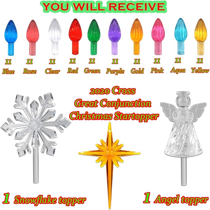 110Pcs in 10 Colors Ceramic Christmas Tree Replacement Bulbs - Plastic Lights Pegs, Included Angel Topper＆Snowflake Top＆Cross Stars.