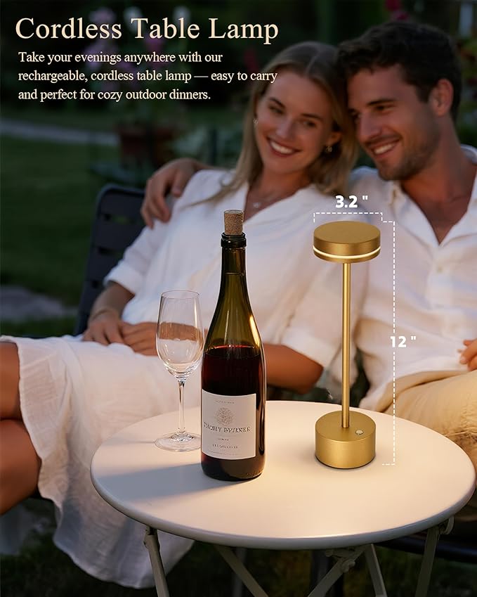 2 Pack LED Cordless Table Lamp Rechargeable, 5000mAh Portable Battery Operated Desk Touch Lamp, 3 Color Dimmable Table Light for Home Office/Dining/Nightstand for Home Décor – Champagne Gold