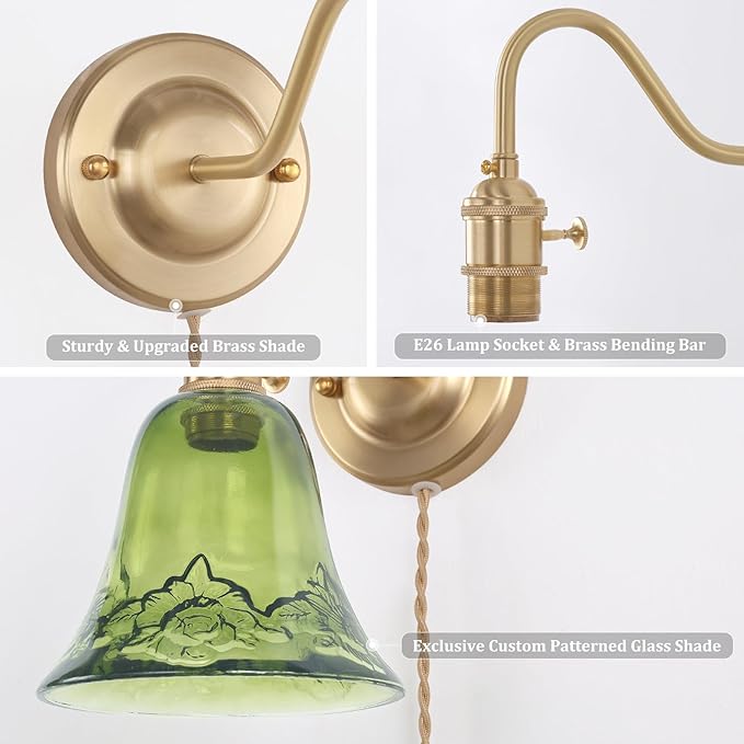 Plug in Wall Sconce Set of 2, Gold Vintage Wall Decor Lights with Green Morning Glory Glass Shade, Indoor Brass Corded Wall Lamp Fixture for Bedroom Living Room Bathroom Hallway