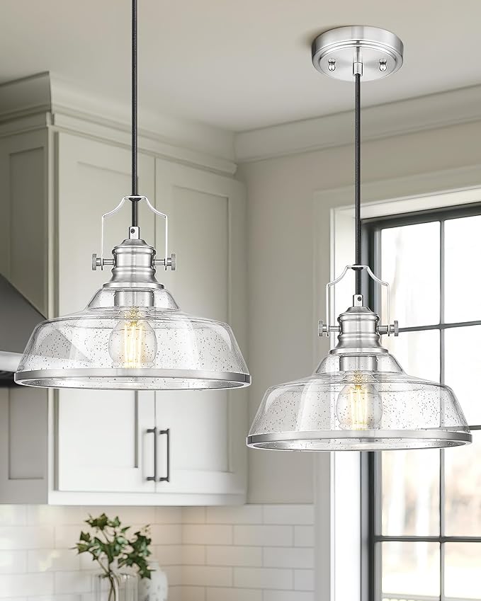 kudos 2 Pack Pendant Lights Kitchen Island, 11" Large Brushed Nickel Kitchen Island Lighting with Seeded Glass, Industrial Hanging Light Fixture for Kitchen Sink Dining Room, KDPL13-BN-S-2PK