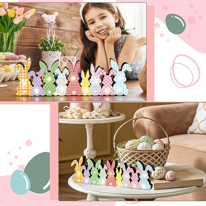 Yousoontic Easter Decorations, Bunny Easter Decor for Table with LED Lights Wood Bunny Table Centerpieces with Plush Tail 3D Block Rabbit Sign Farmhouse Decor for Spring Home Mantel Desk Office Party