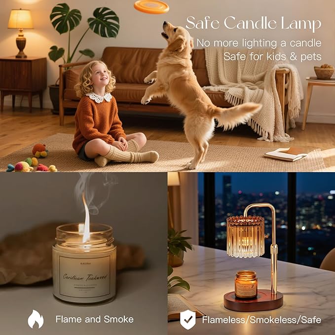 Candle Warmer Lamp with Timer: Amber Candle Warming Lamp with 2 Bulbs Height Adjustable Wax Melt Dimmable Bedroom Decor for Women