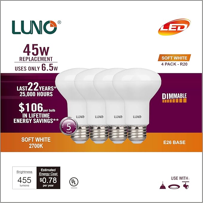 LUNO R20 Dimmable LED Bulb, 6.5W (45W Equivalent), 455 Lumens, 2700K (Soft White), Medium Base (E26), UL Listed (4-Pack)