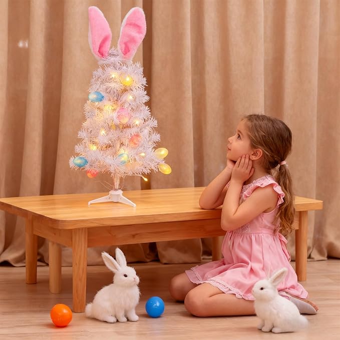 Dynaming Easter Table Decorations, 23 Inch Lighted Easter Bunny White Tree, Pre-lit Artificial Tabletop Tree with Bunny Ears and Eggs, Battery Operated Light Up for Indoor Spring Home Bedroom Decor
