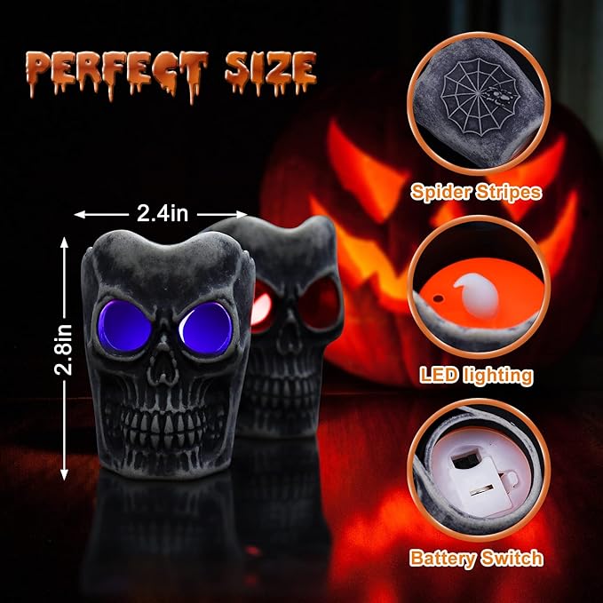 Halloween Decorations - Flameless Skull Candles Light - 6Pack Color-Changing Dripless Realistic Flickering Flame LED Candle Decor for Votive, Halloween Decor, Pumkin, Party, Indoor Outdoor