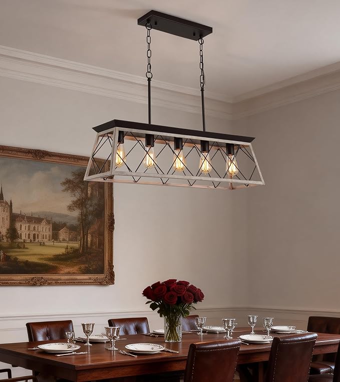 Q&S Dining Room Chandelier Light Fixtures,Farmhouse Rustic Vintage Antique Linear Chandeliers Pendant Ceiling Light Fixture for Kitchen Island Bar Office Coffee Shop 5-Lights Oak and ORB UL Listed