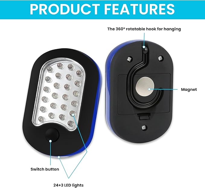 AlltroLite 3-Pack LED Work Light | Portable Magnetic Work Light with Rotatable Hook, Magnetic Back & Push Button | Battery Operated Pocket Work Lights for Car Repairing, Emergency, Hiking, Camping