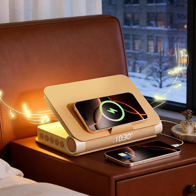 Vivilumens Sunrise Alarm Clock with Wireless Charging Station Bluetooth Speaker Loud for Heavy Sleepers Adults Aesthetic Book Wake Up Light for Bedroom Decor Dimmable Bedside Lamp Tech Birthday Gift