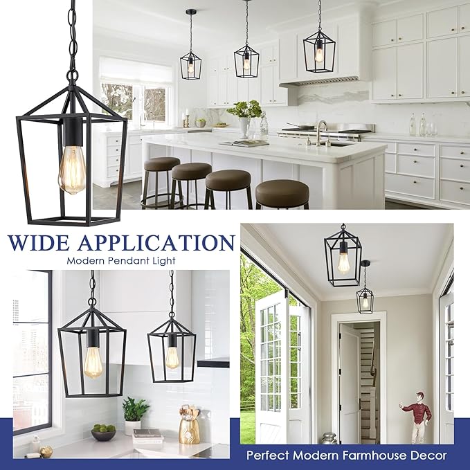 2-Pack Farmhouse Pendant Lights Kitchen Island, Black Pendant Light Fixtures Hanging Lamp for Dining Room, Modern Kitchen Pendant Lighting Over Island, Metal Cage Design