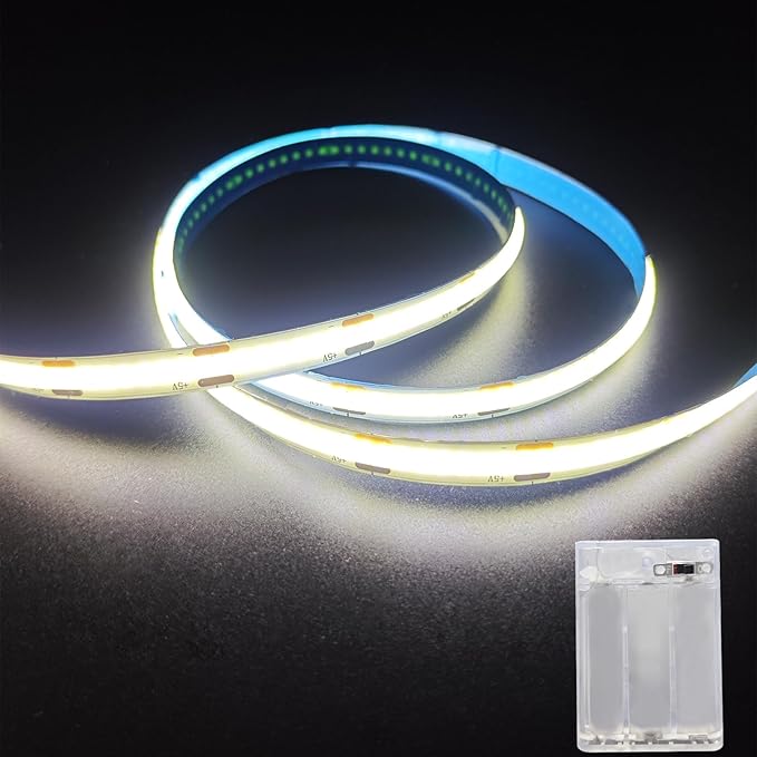 Battery Powered LED Strip Lights, 3.3FT COB LED Strip Light, Battery Operated LED Lights, White LED Strip Lights Battery Powered for Closet, Cabinet, Shelf, Kitchen, DIY Lighting
