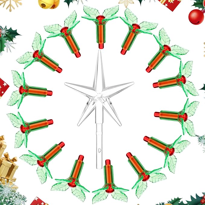 125 Piece Ceramic Christmas Tree Replacement Lights - Red Holly Bulbs & Star Toppers - Medium Size - Green & Red - Christmas & Occasion Decorations